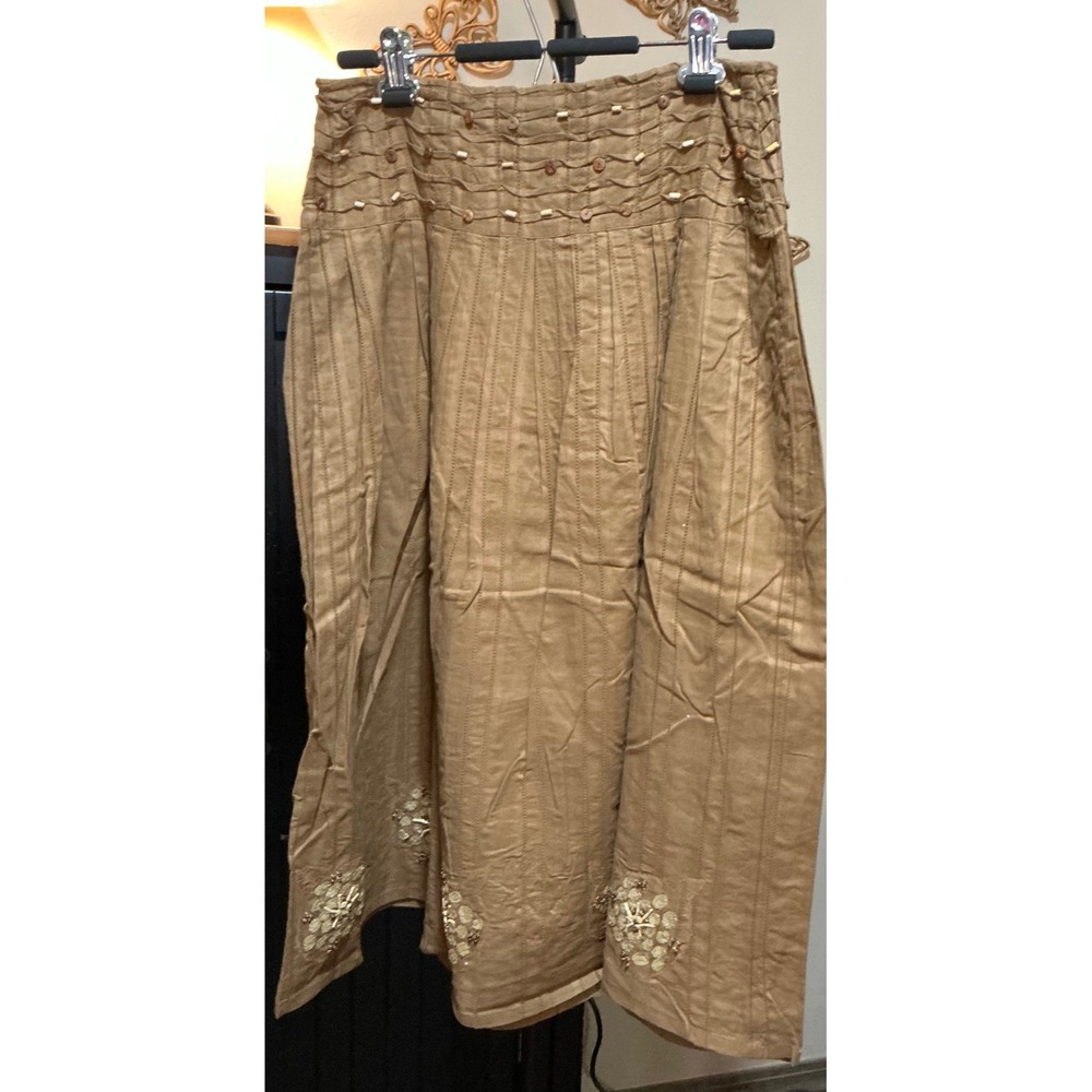 Chaudry Tan Boho Midi Skirt Beaded Sequin Embellished Pleated Brown Size M NWT